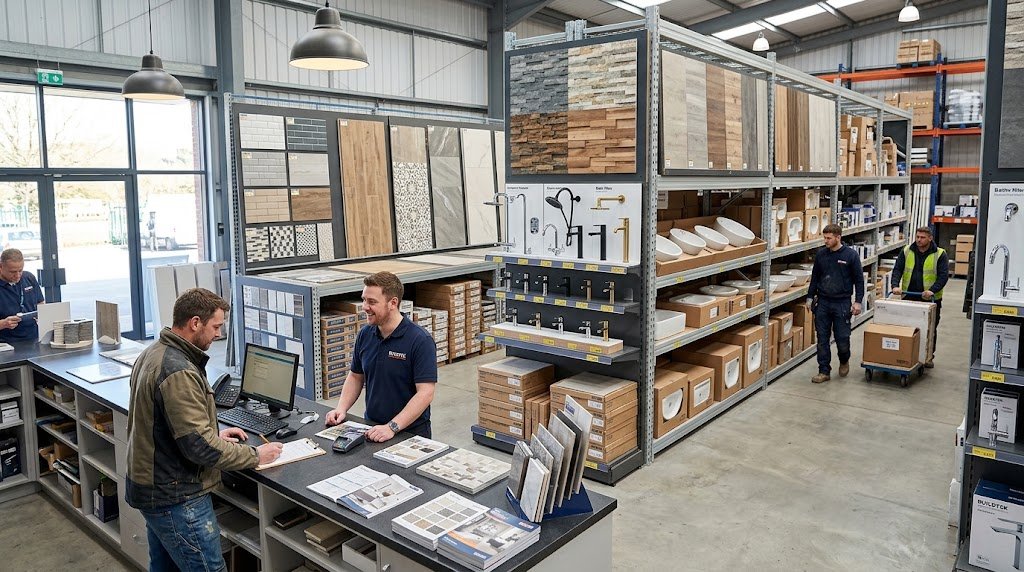 Staff serving a builder at a tile and building supplies trade counter