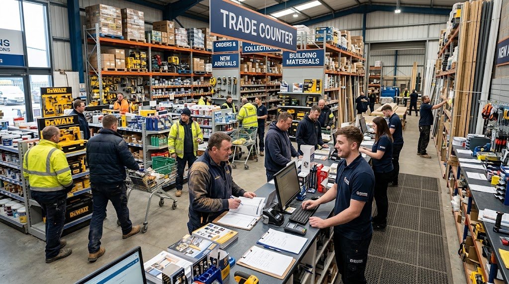 Busy trade counter at an independent hardware and building supplies store