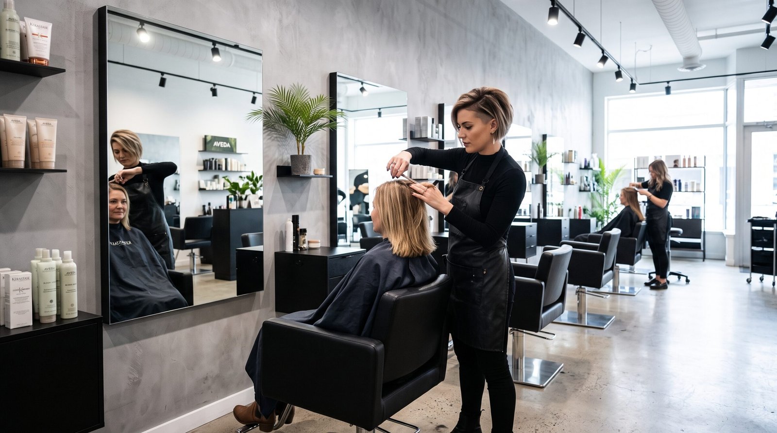 Stylist working with a client at a modern hair salon