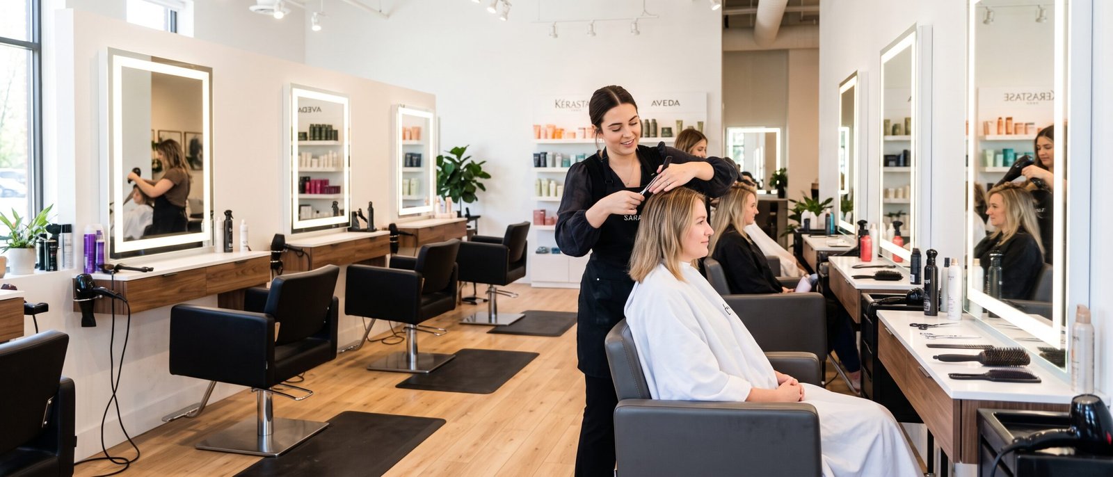 Hairdresser styling a client in a bright independent salon